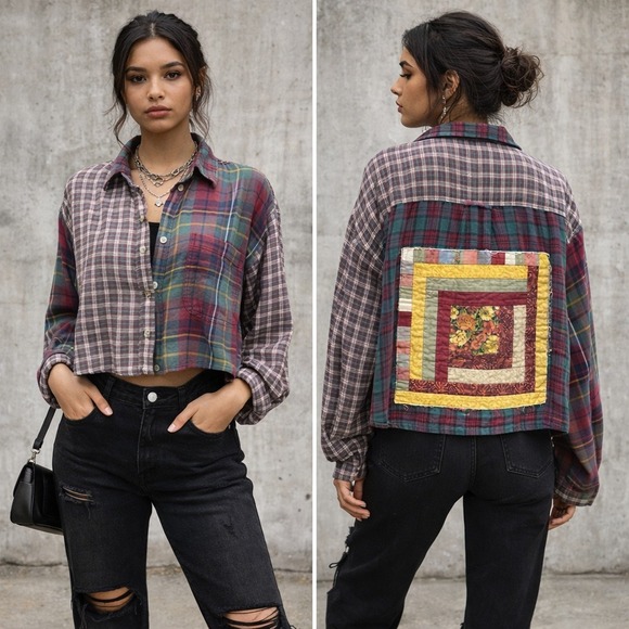 American Eagle Outfitters Tops - AMERICAN EAGLE Women Cozy Cabin Cropped Flannel Size Large Plaid Upcycled Grunge